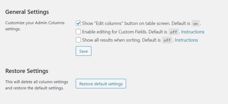 general settings date admin columns pro