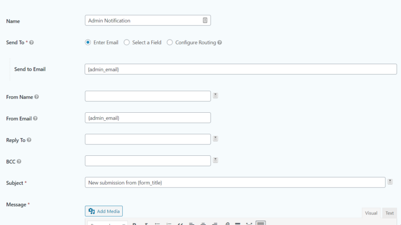 changing settings gravity forms